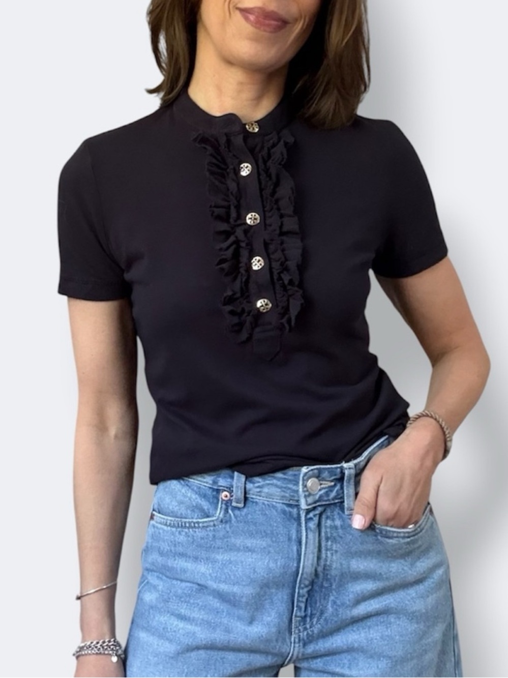 Tory Burch Lidia Ruffle Polo in Black - XS